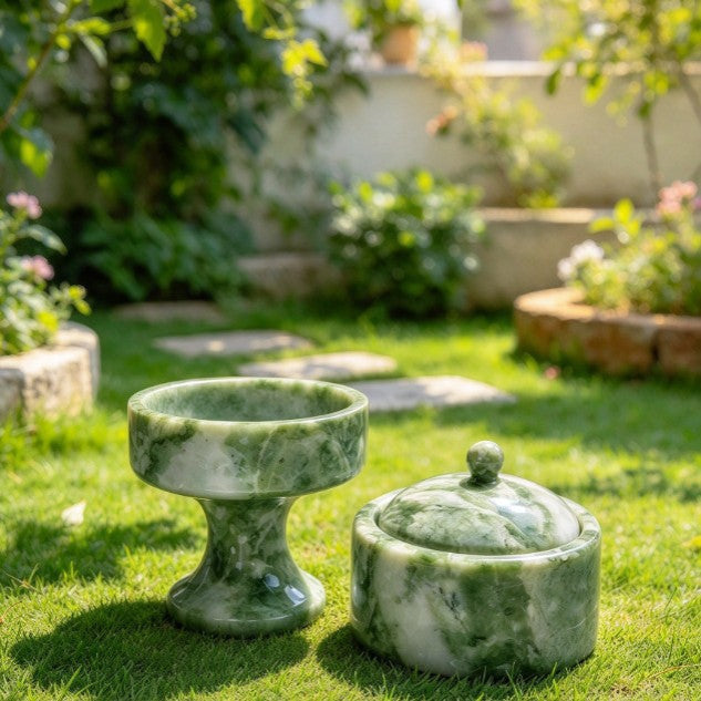 Candle Holder Set in Polished Natural Marble with Round Tray