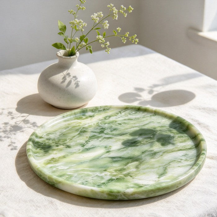 Candle Holder Set in Polished Natural Marble with Round Tray