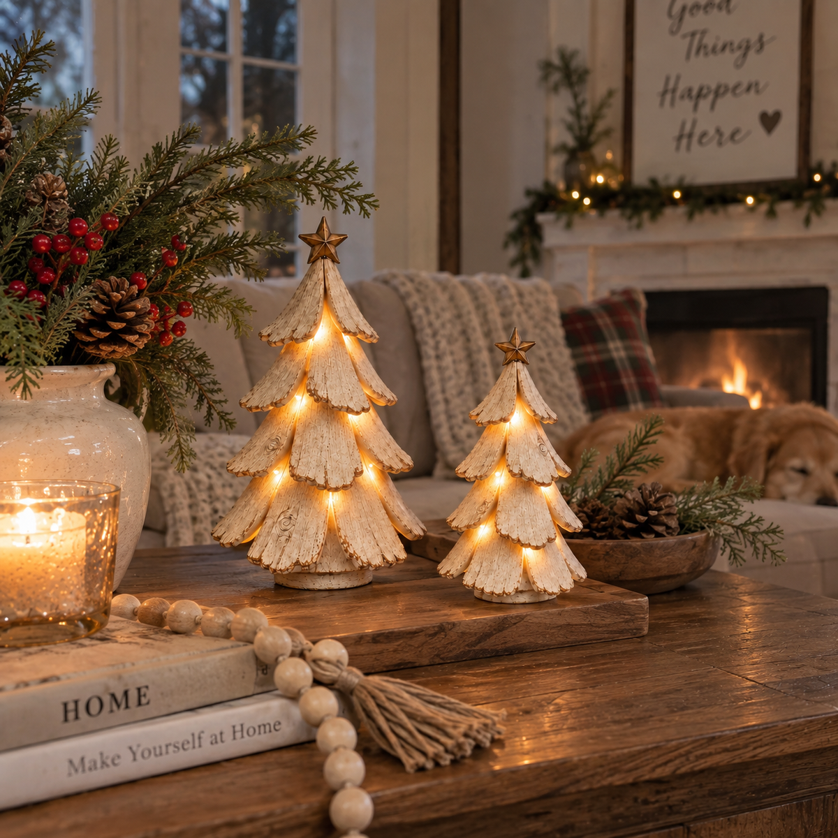 Christmas Decorations, Resin LED Tree Sculptures with Remote Control