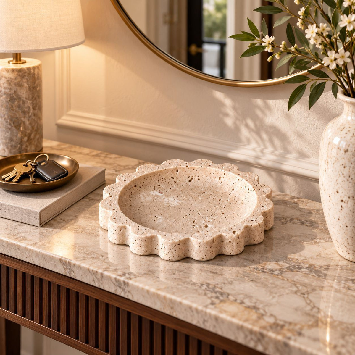 Decorative Bowl in Solid Travertine with Wavy Rim, Display Bowl