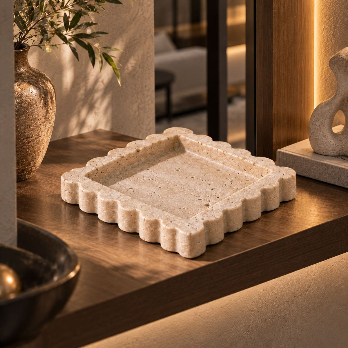 Decorative Bowl in Solid Travertine with Wavy Rim, Display Bowl