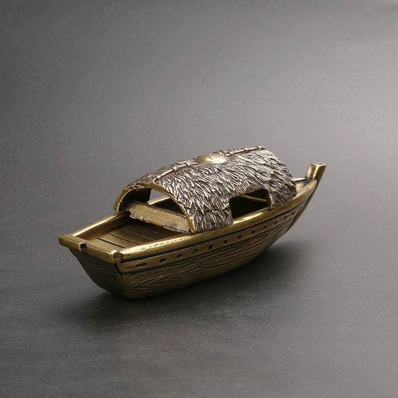 Incense Holder in Solid Brass, Boat Shape with Hand-Chased Antique Patina