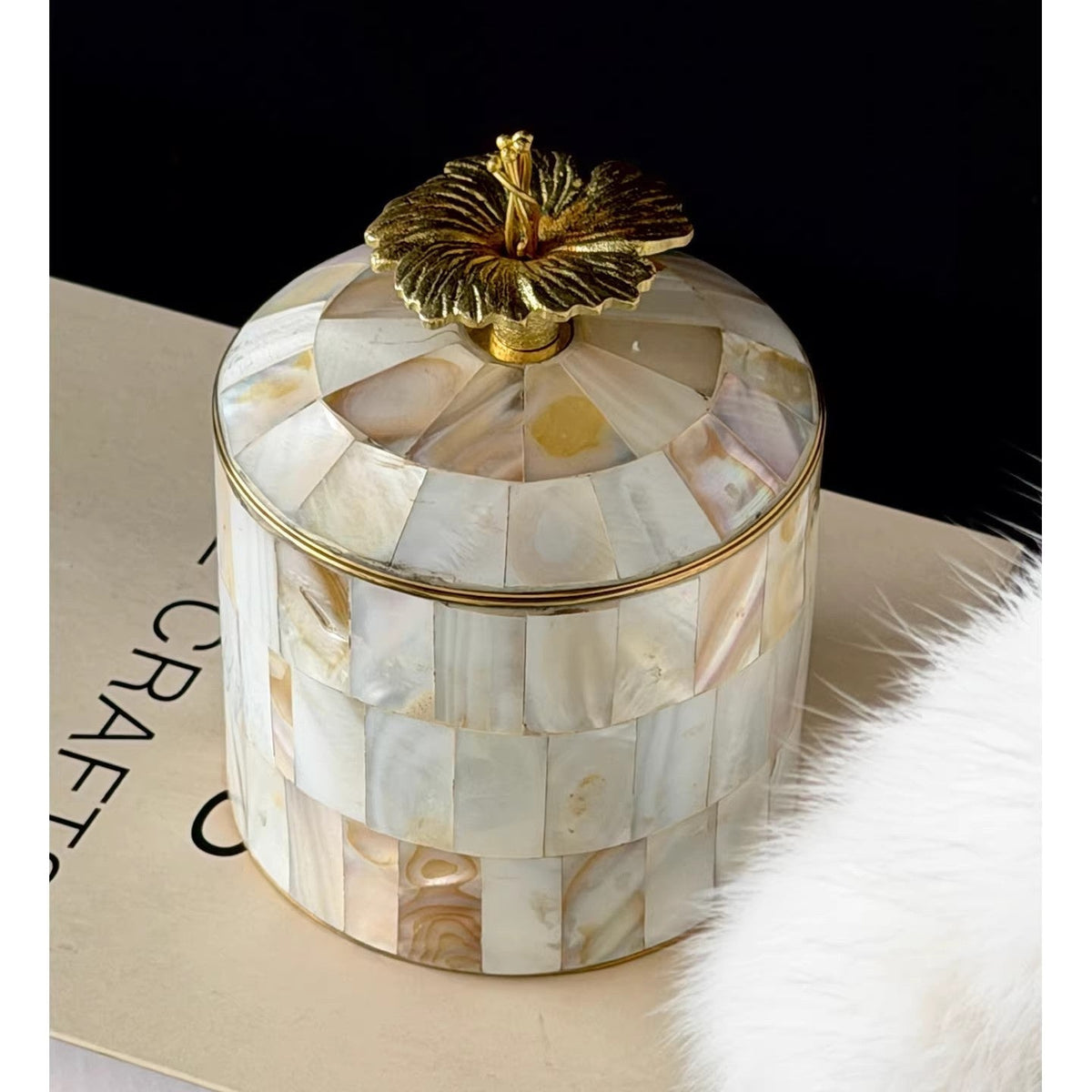 Jewellery Box in Mother-of-Pearl and Metal, Round with Lid