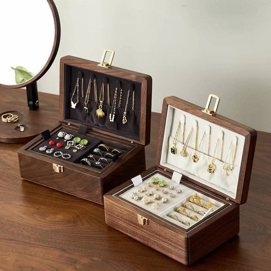 Jewellery Box in Solid Walnut with Brass Clasp, Velvet Lining