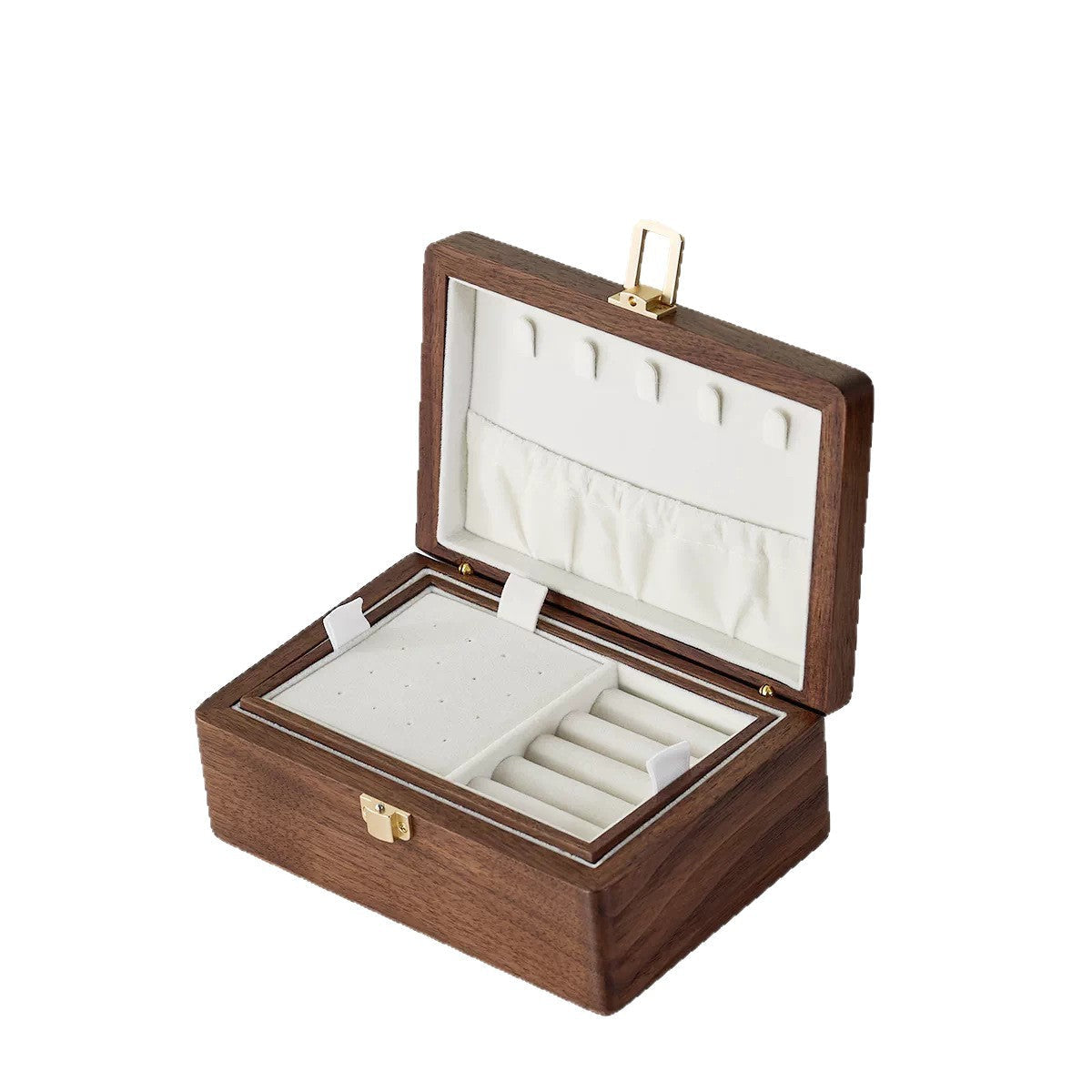 Jewellery Box in Solid Walnut with Brass Clasp, Velvet Lining