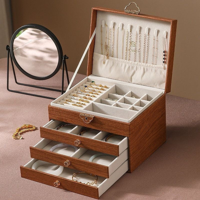 Jewellery Box in Walnut Look with Velvet Lining and Drawers