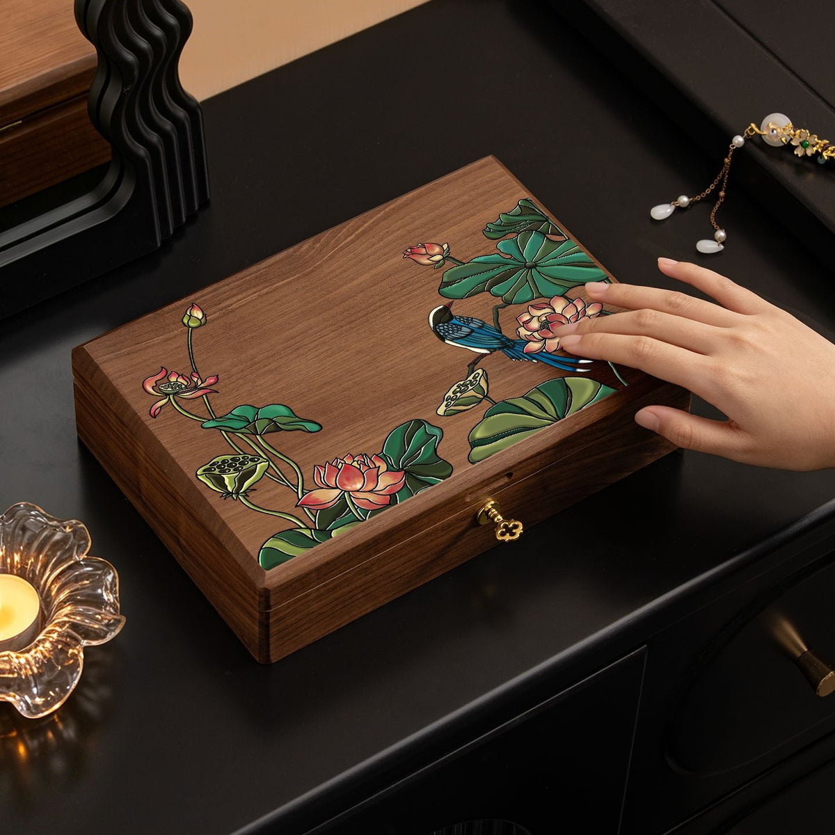 Jewellery Box in Walnut Wood with Lotus Decoration, Velvet Lining and Lock