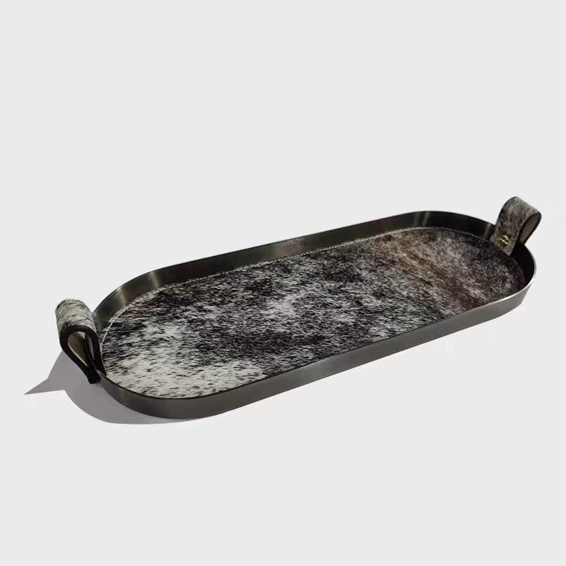 Oval Decorative Tray in Brushed Metal with Leather Inlay and Handles