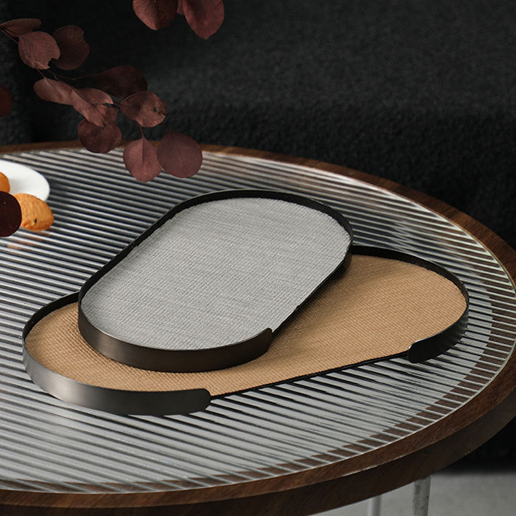 Oval Tray in Brushed Metal with Textured Leather Inlay