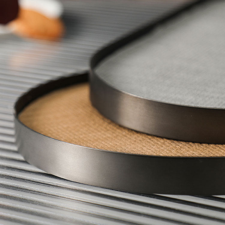 Oval Tray in Brushed Metal with Textured Leather Inlay