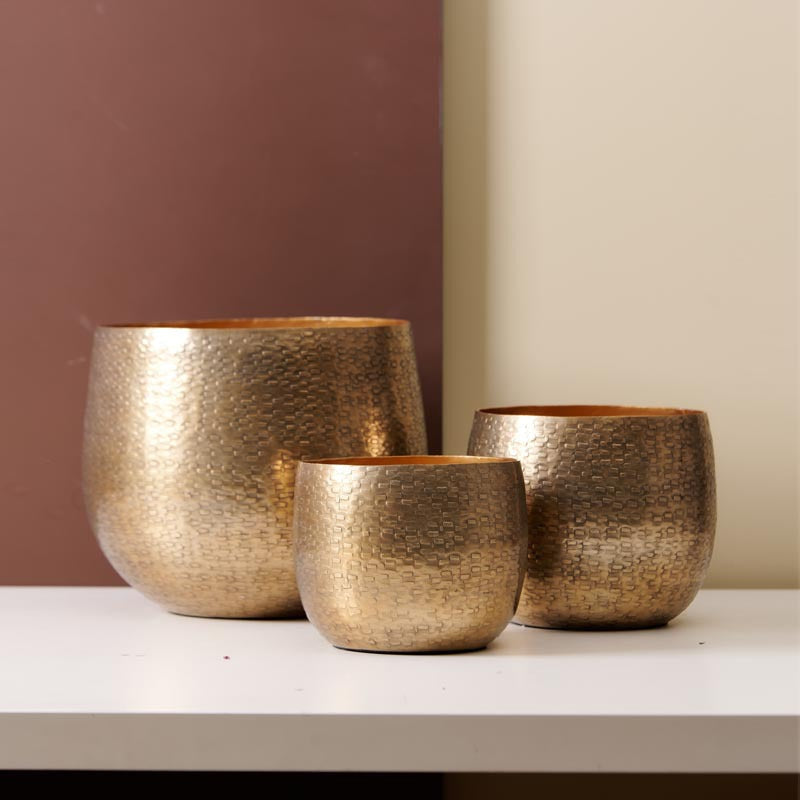 Plant Pot in Hammered Aluminium with Rounded Shape, Indoor Planter
