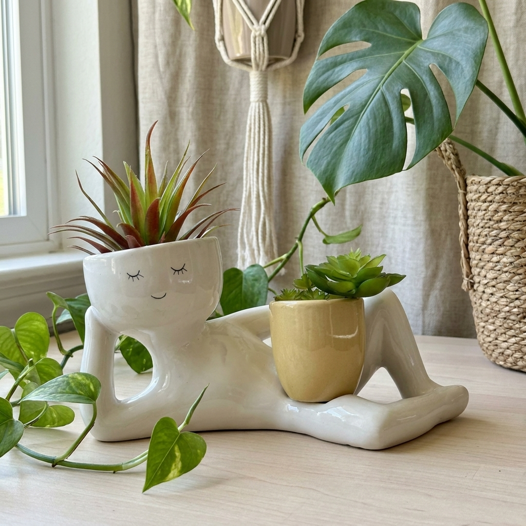 Plant Pot in Hand-Finished Polyresin, Glossy Reclining Figure