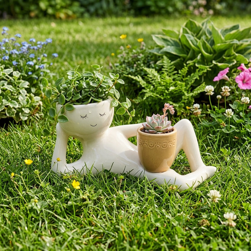 Plant Pot in Hand-Finished Polyresin, Glossy Reclining Figure