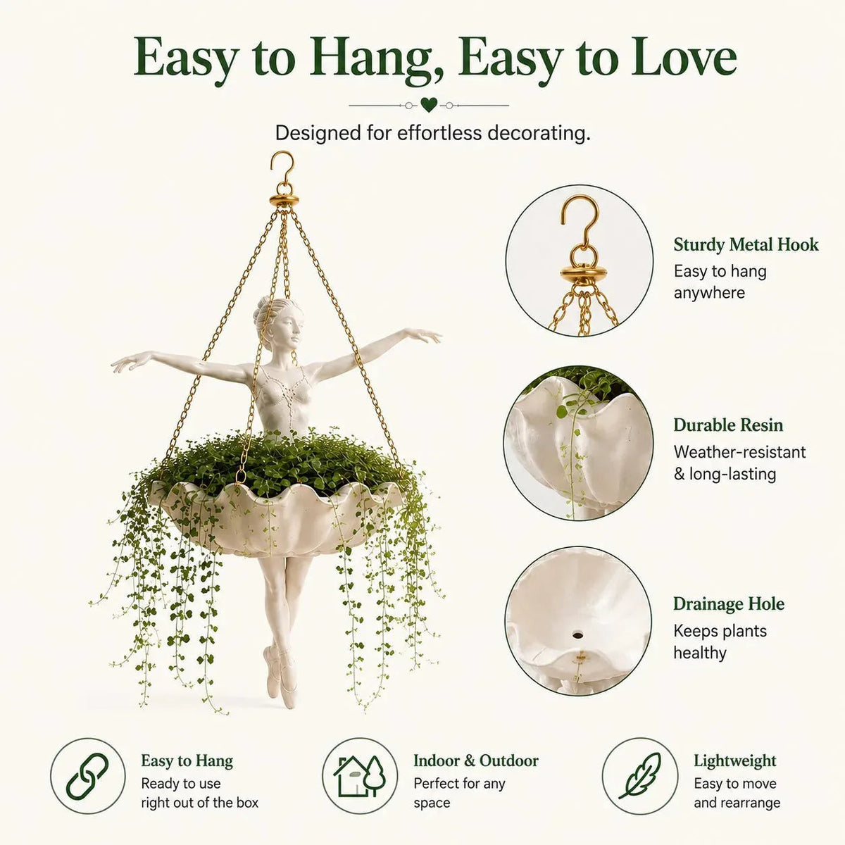 Plant Pot in Resin, Hanging Ballerina Design for Indoors and Outdoors