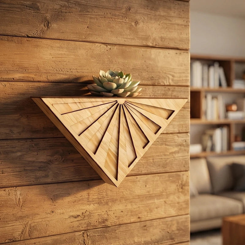 Plant Pot in Wood, Wall-Mounted Geometric Triangle Design