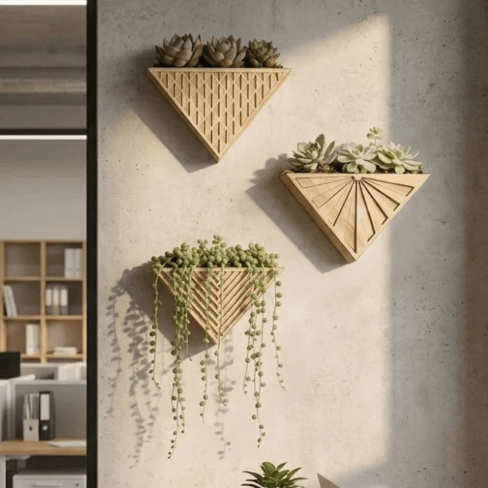 Plant Pot in Wood, Wall-Mounted Geometric Triangle Design