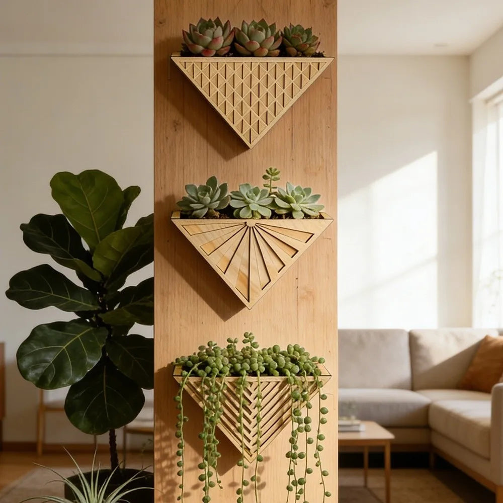 Plant Pot in Wood, Wall-Mounted Geometric Triangle Design