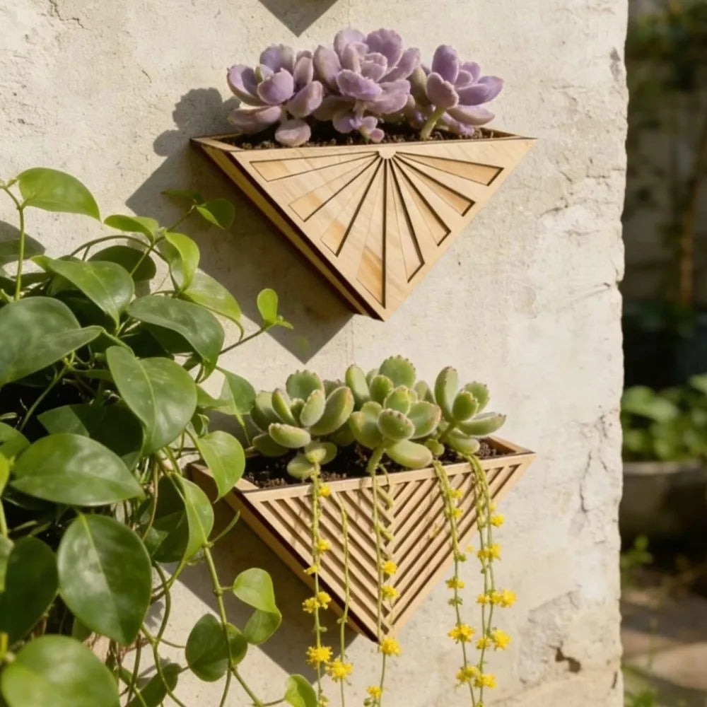 Plant Pot in Wood, Wall-Mounted Geometric Triangle Design