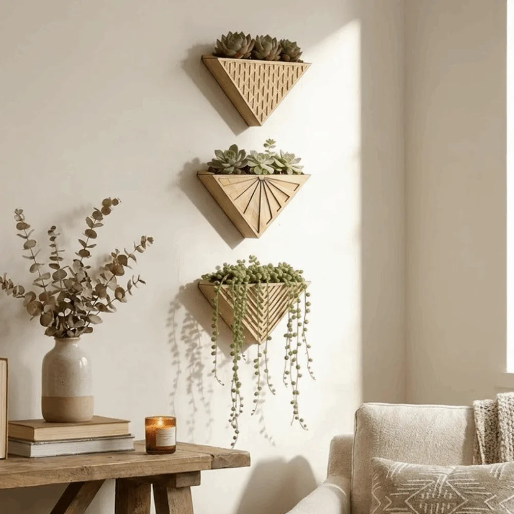 Plant Pot in Wood, Wall-Mounted Geometric Triangle Design
