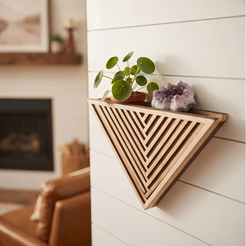Plant Pot in Wood, Wall-Mounted Geometric Triangle Design