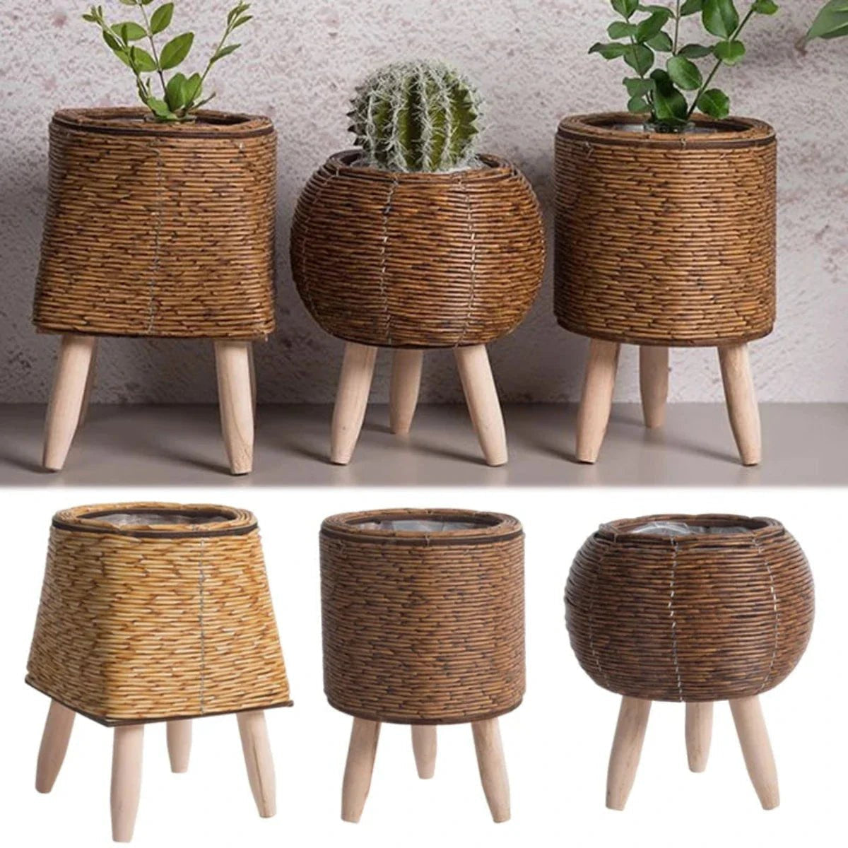 Plant Pot with Legs, Weather-Resistant Plastic, Woven Texture