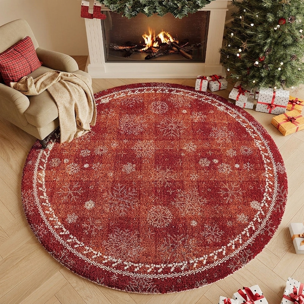 Round Rug with Christmas Motifs, Machine Washable, Slip-Resistant