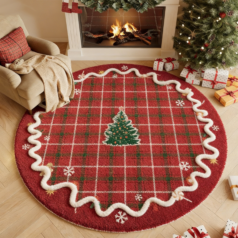 Round Rug with Christmas Motifs, Machine Washable, Slip-Resistant