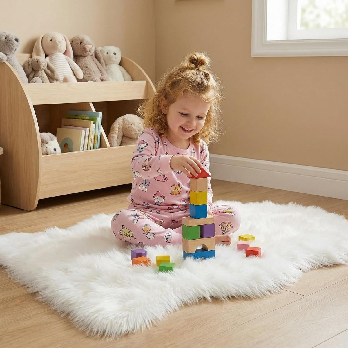Rug in Faux Fur, Long Pile, Non-Slip Backing and Washable Finish
