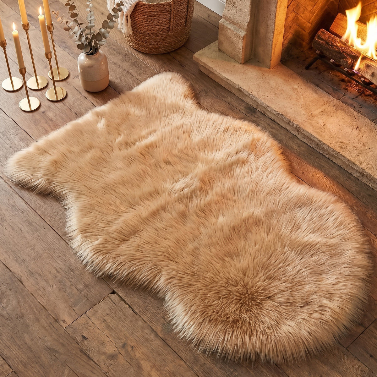 Rug in Faux Fur, Long Pile, Non-Slip Backing and Washable Finish