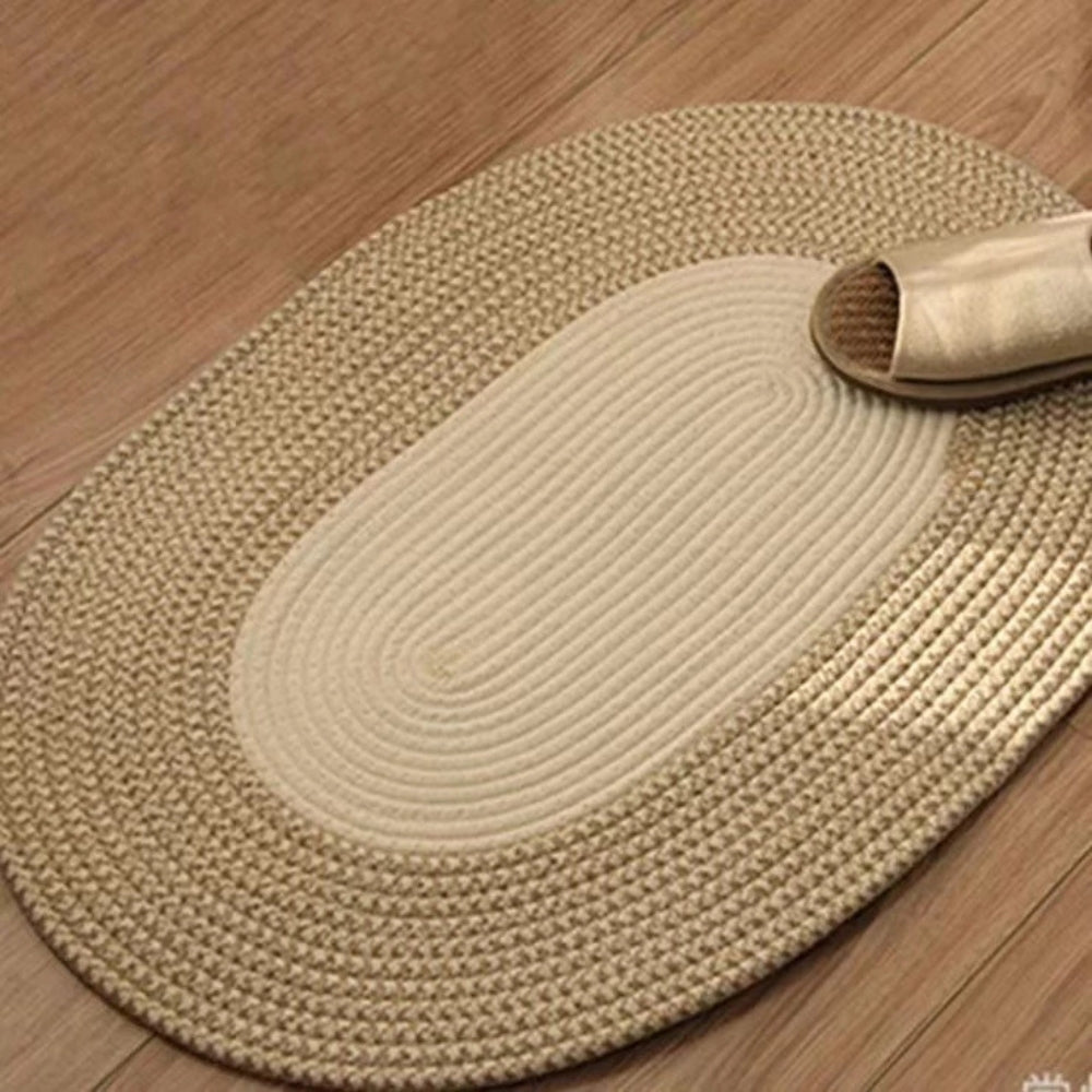 Rug in Hand-Braided Hemp, Oval Shape with Boho-Style Border