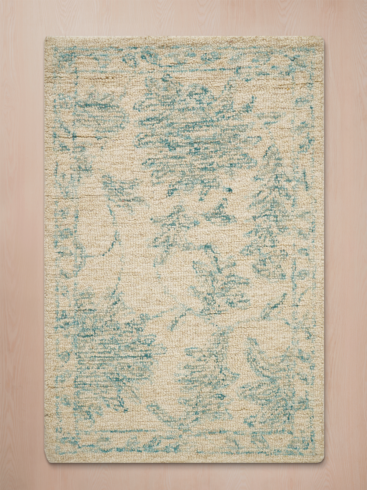 Rug in Wool and Cotton Blend, Hand-Tufted with Floral Persian Pattern