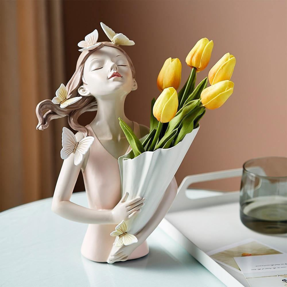 Sculpture in Hand-Painted Resin with Butterflies, Woodland Fairy Figurine