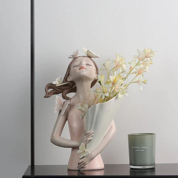 Sculpture in Hand-Painted Resin with Butterflies, Woodland Fairy Figurine
