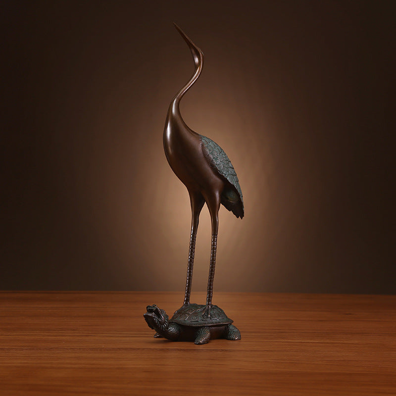 Sculpture in Solid Patinated Brass, Crane on Turtle Figurine