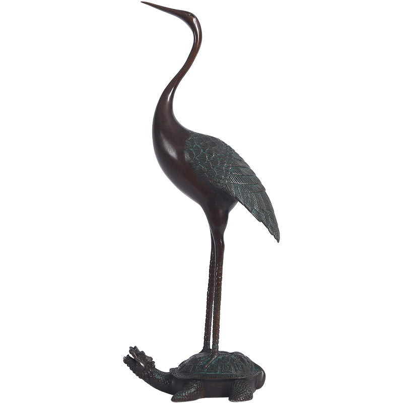 Sculpture in Solid Patinated Brass, Crane on Turtle Figurine