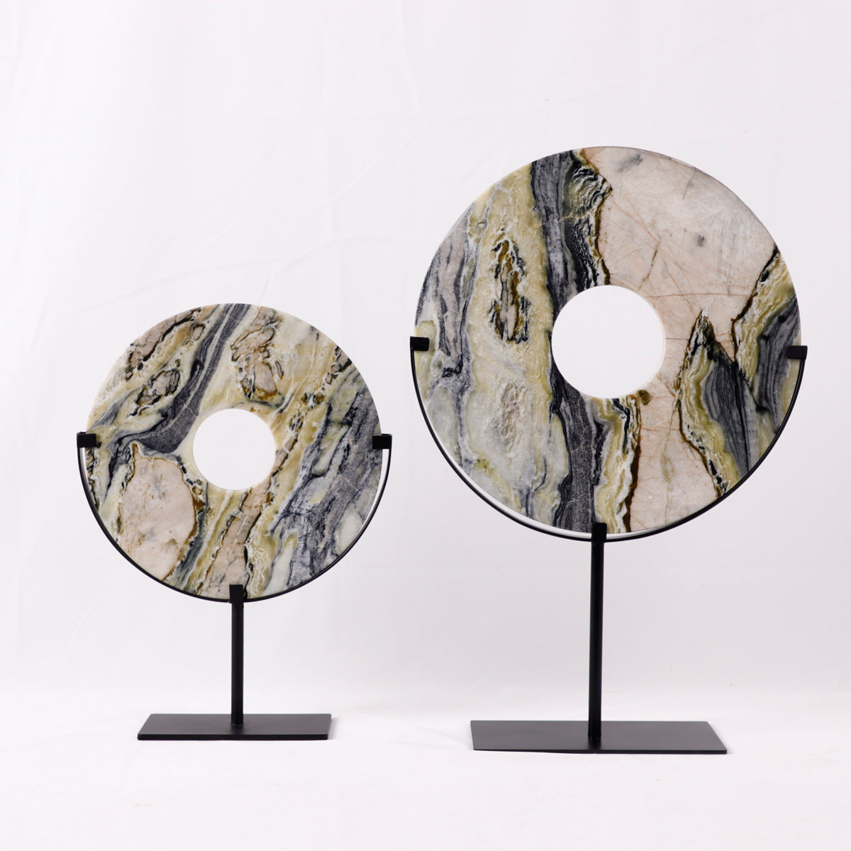 Sculpture in Veined Natural Stone, Round Disc with Metal Stand