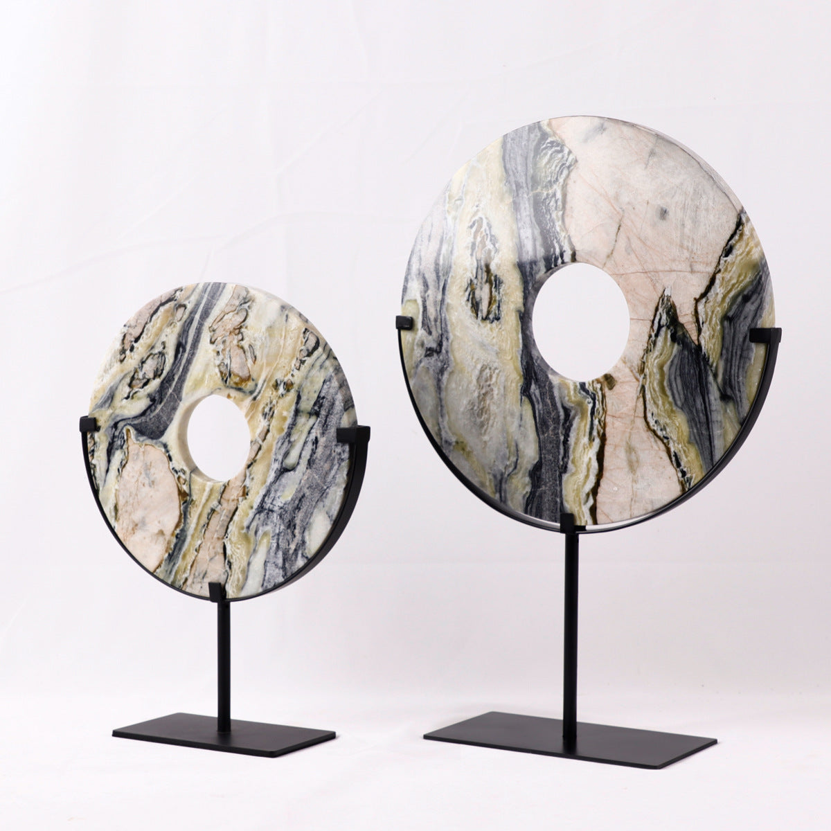 Sculpture in Veined Natural Stone, Round Disc with Metal Stand