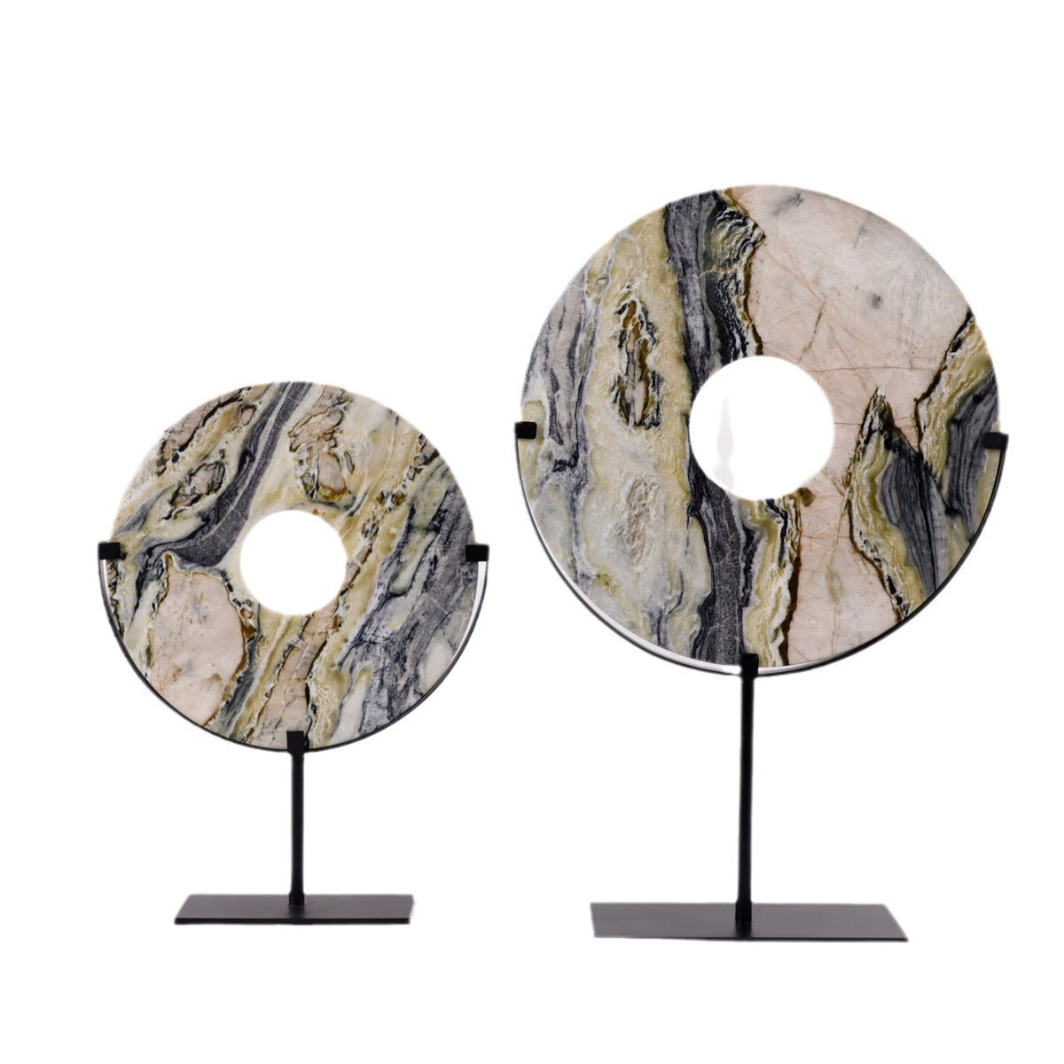 Sculpture in Veined Natural Stone, Round Disc with Metal Stand