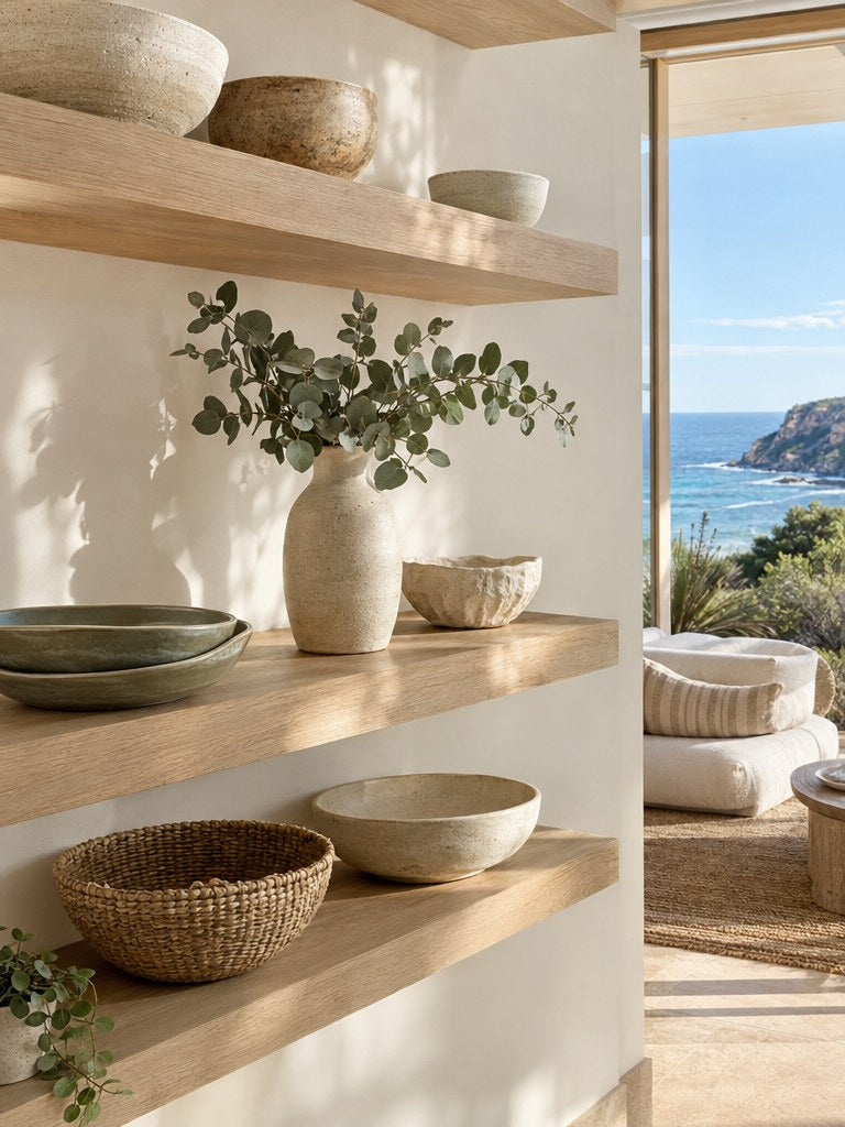 Oak shelving with ceramics and eucalyptus in a coastal interior