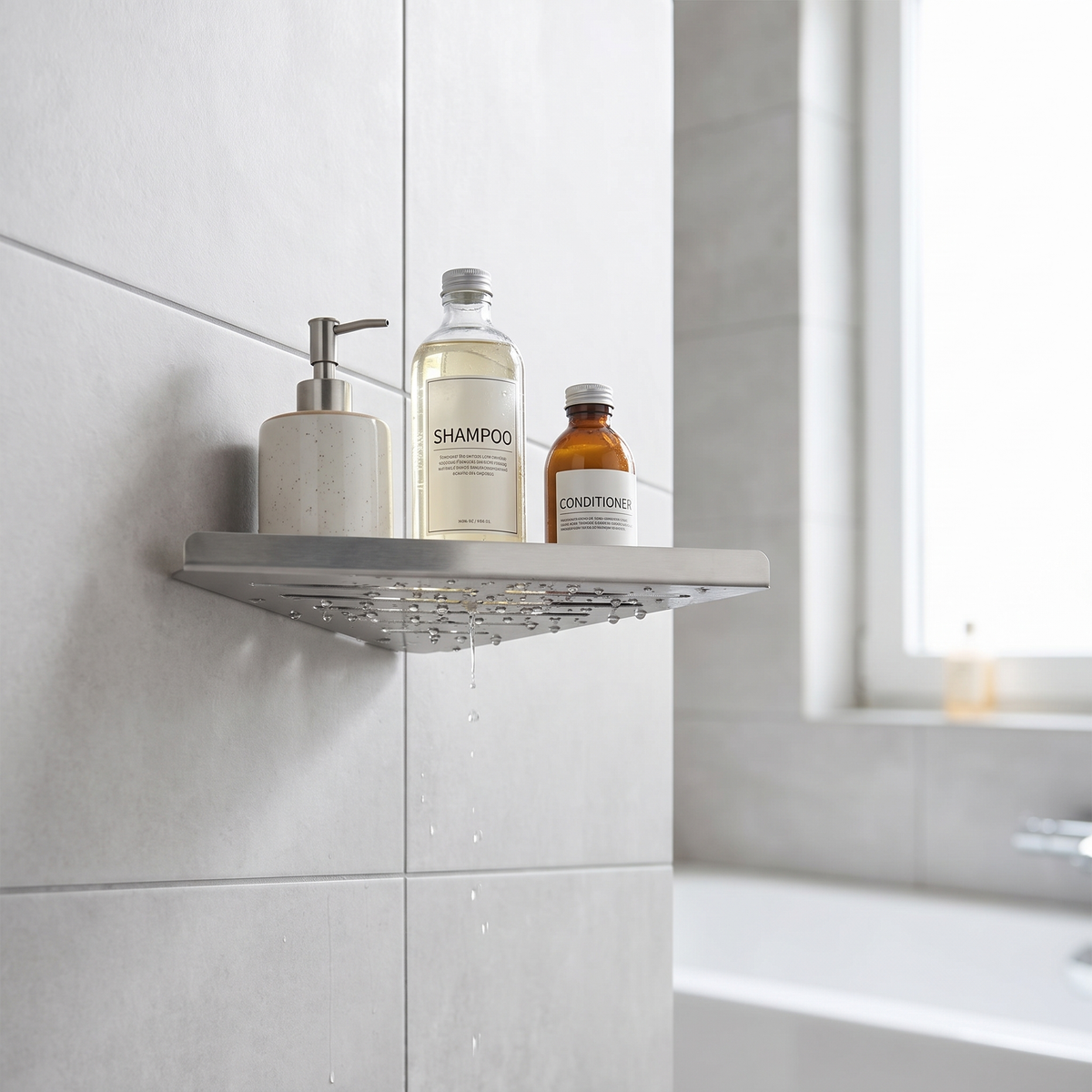 Shower Caddy, Triangular Corner Shelf with Raised Front Edge