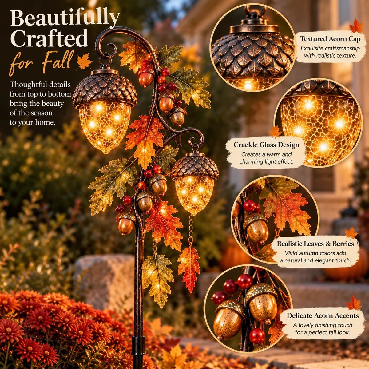 Solar Lights, Acorn Garden Lanterns with Dusk Sensor, Weatherproof