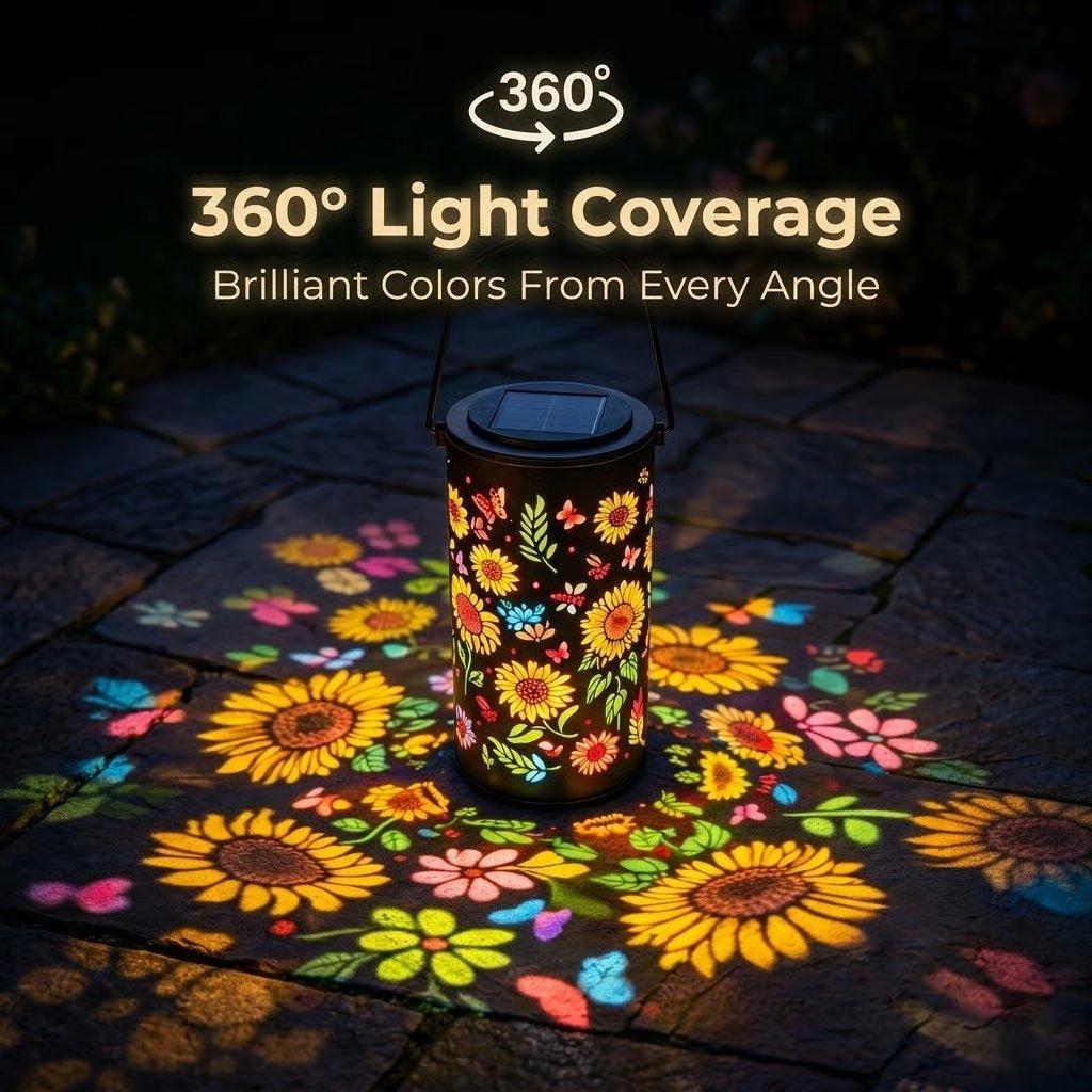 Solar Lights Metal Lantern with Sunflower and Butterfly Projections