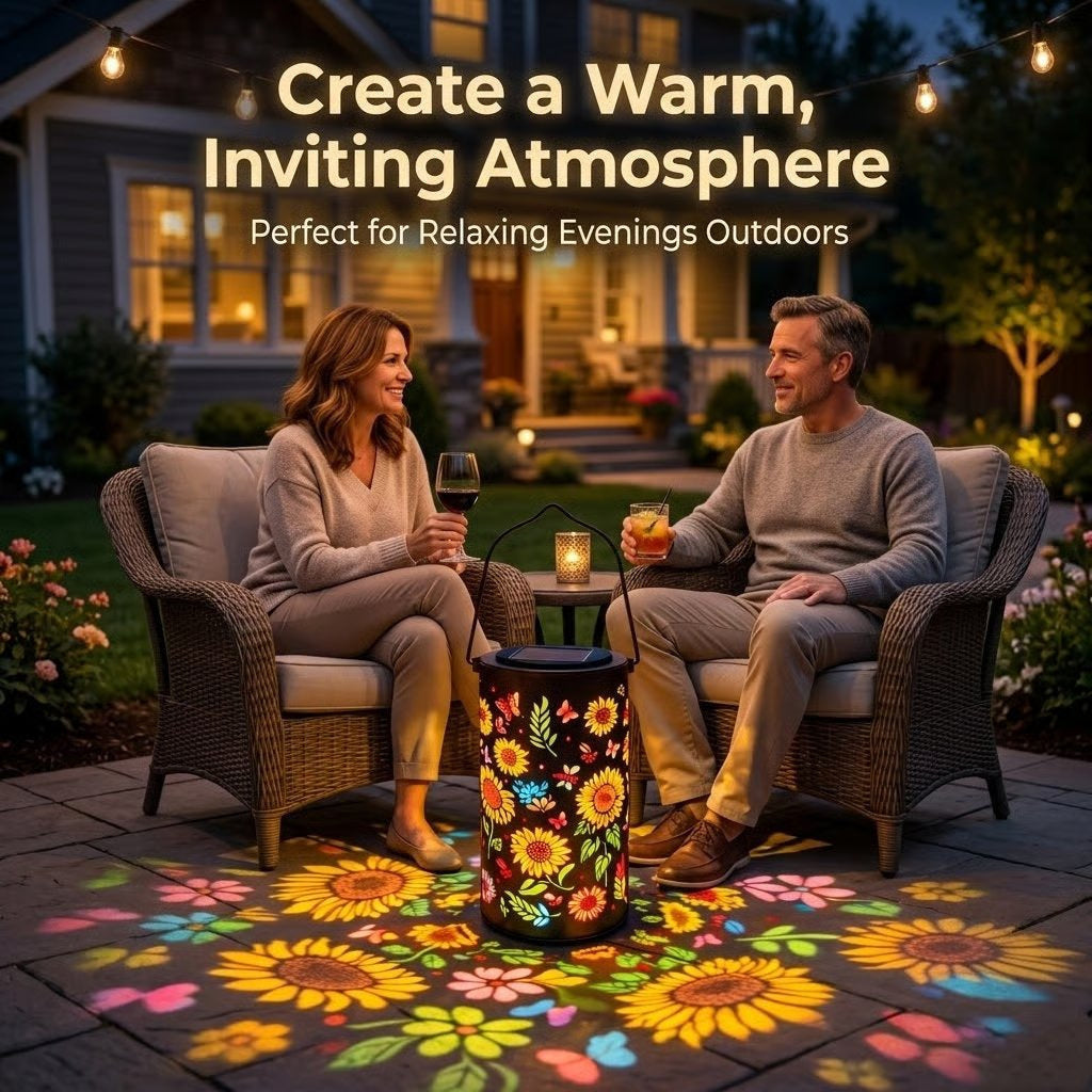 Solar Lights Metal Lantern with Sunflower and Butterfly Projections