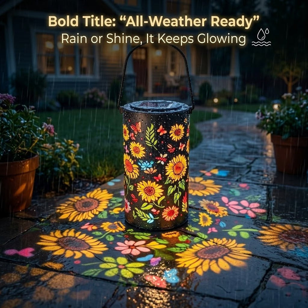 Solar Lights Metal Lantern with Sunflower and Butterfly Projections