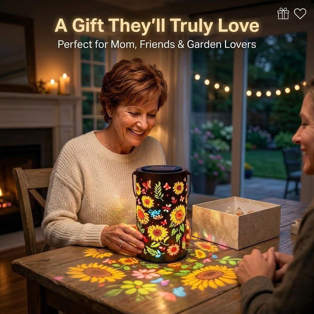 Solar Lights Metal Lantern with Sunflower and Butterfly Projections