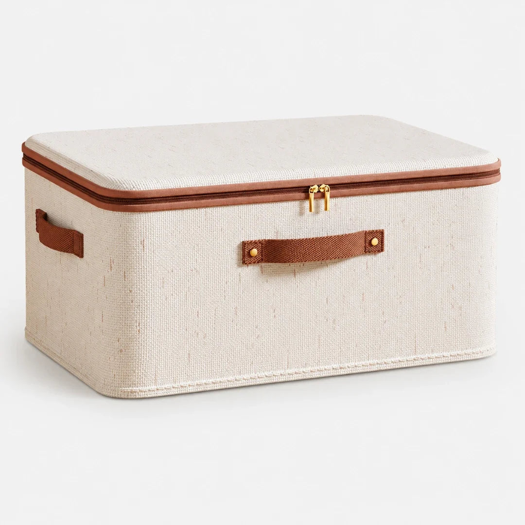 Storage Box in Cotton and Linen, Foldable with Zipped Lid