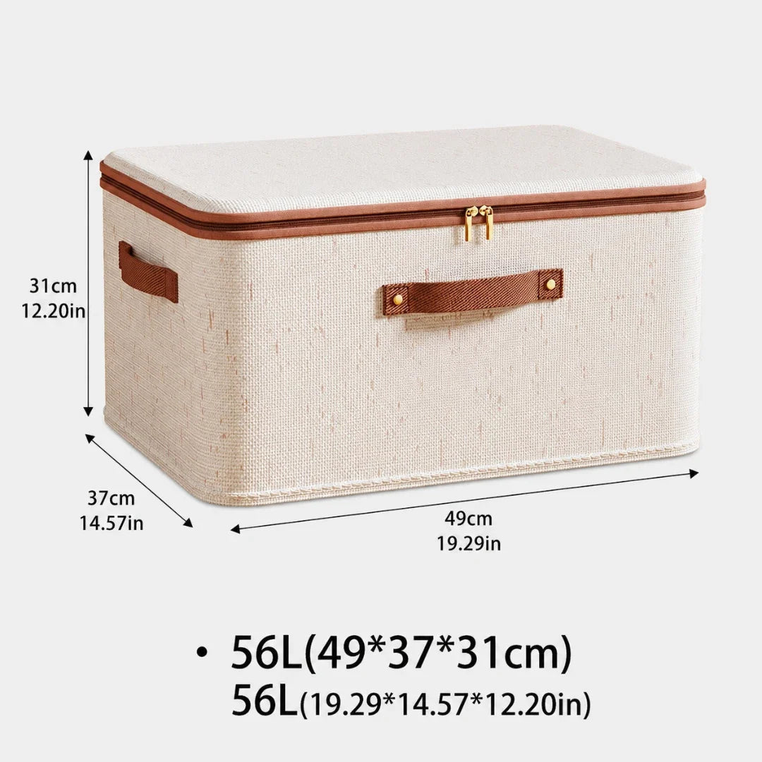 Storage Box in Cotton and Linen, Foldable with Zipped Lid