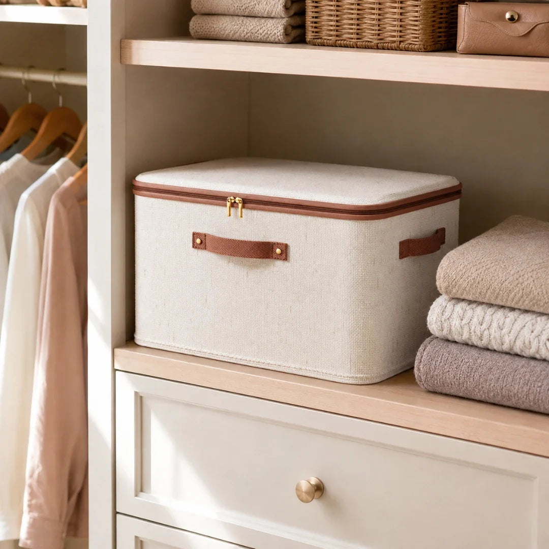Storage Box in Cotton and Linen, Foldable with Zipped Lid