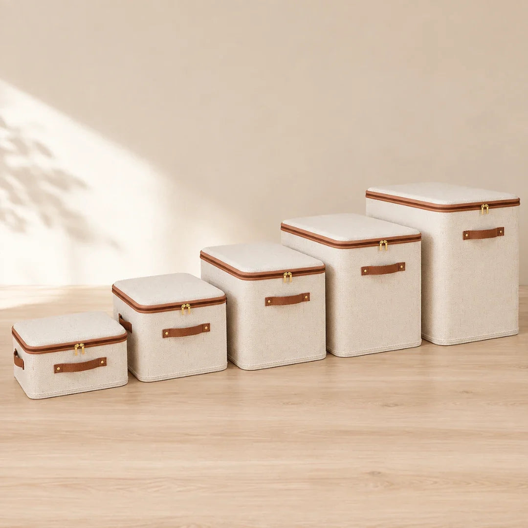 Storage Box in Cotton and Linen, Foldable with Zipped Lid