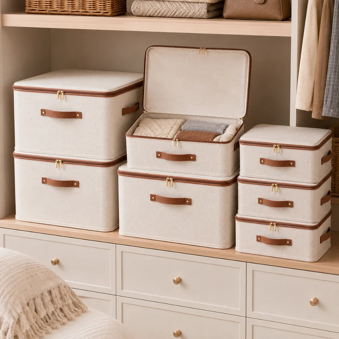 Storage Box in Cotton and Linen, Foldable with Zipped Lid